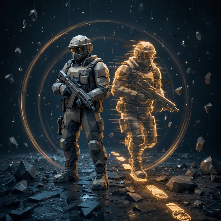 A soldier beside a glowing amber hologram copy that leaves lit footprints