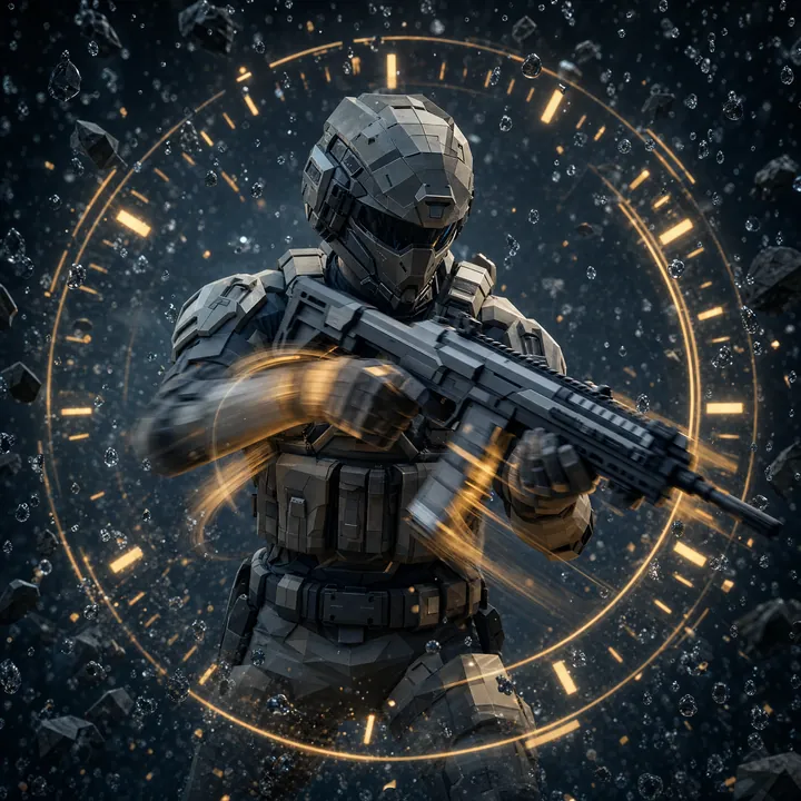 A soldier reloading in a blur of amber light inside a glowing clock ring