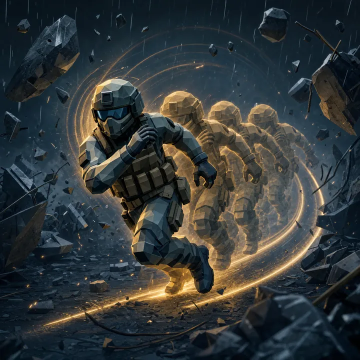 A soldier sprinting through a trail of amber afterimages