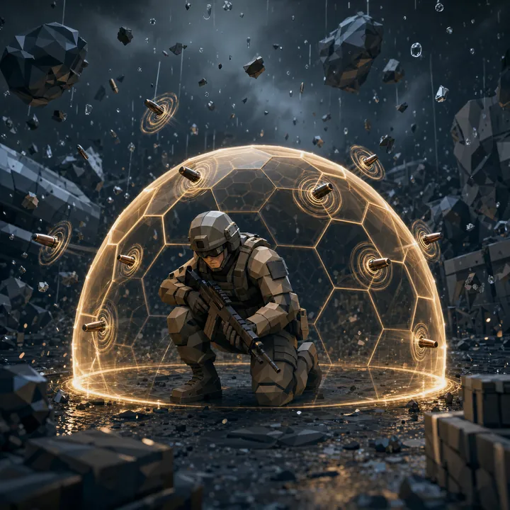 A crouching soldier inside a hexagonal amber dome that stops bullets in midair