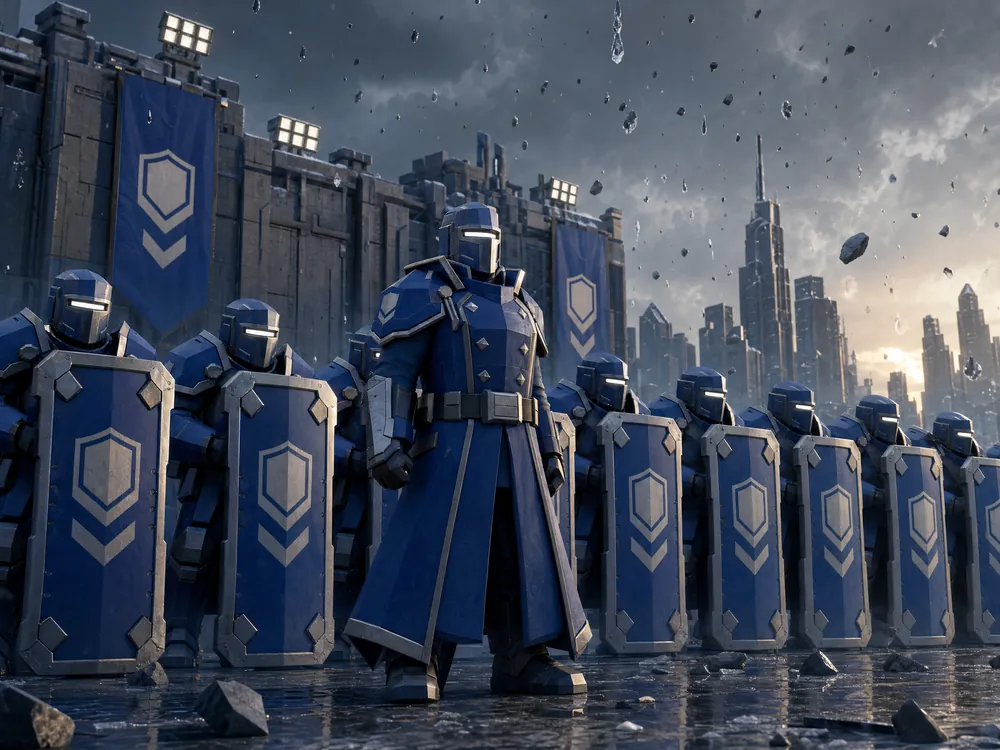 Aegis Directorate infantry in cobalt plate armor standing in formation before a fortified wall