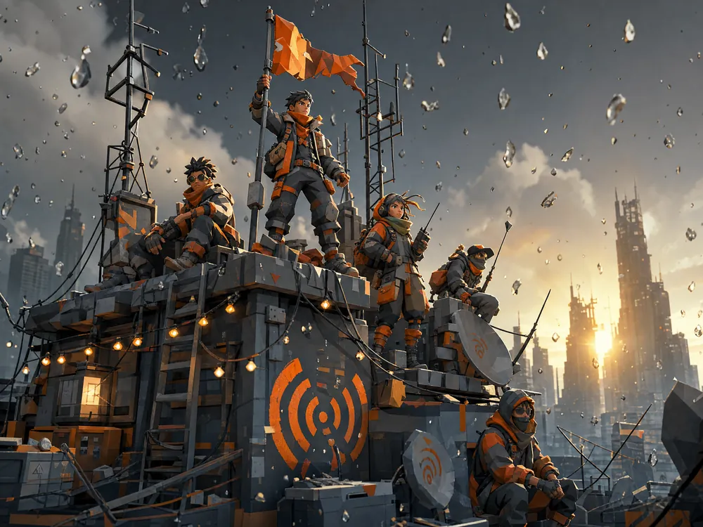 Free Signal fighters in orange and charcoal gear on a rooftop of radio antennas under a raised orange flag