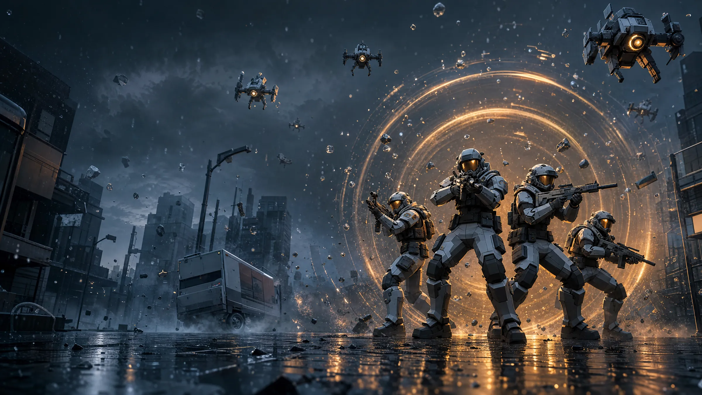 Four armored soldiers hold a rain-soaked street as amber rings of time ripple behind them and drones hang frozen in the sky