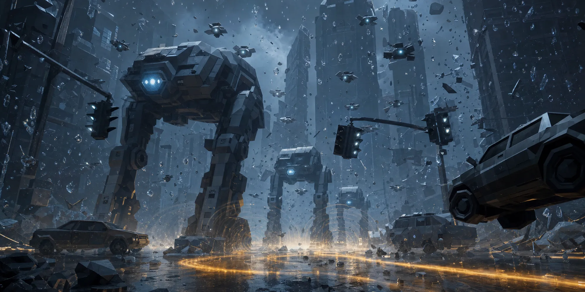 Giant NULL walkers and drones loom over a frozen intersection, with cars and raindrops stopped in midair